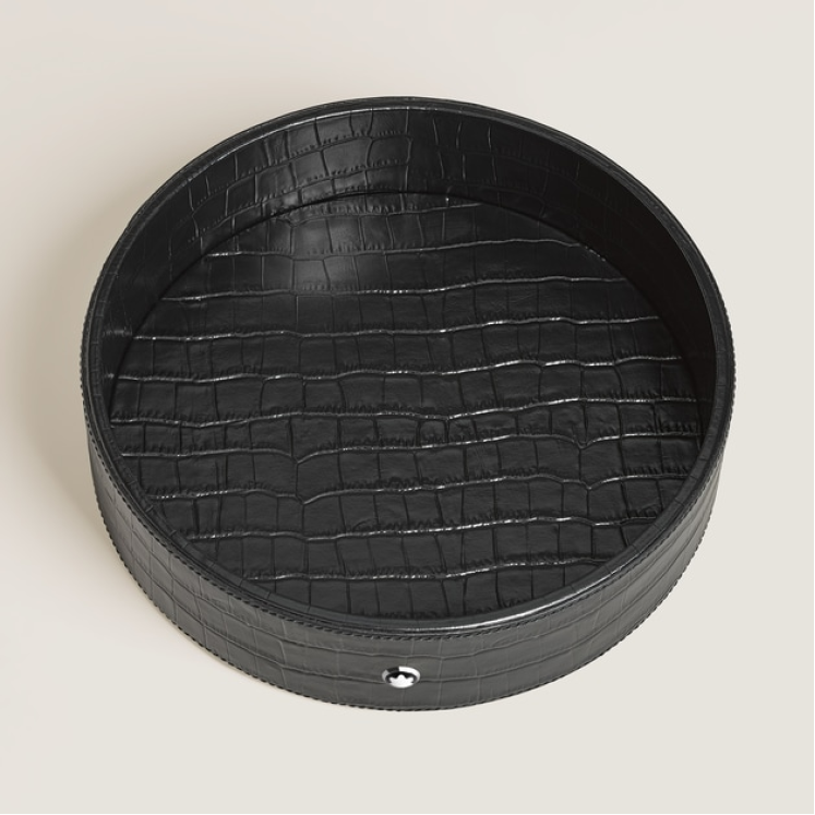 Grand Plateau de Bureau Rond en Cuir Embossé Croco