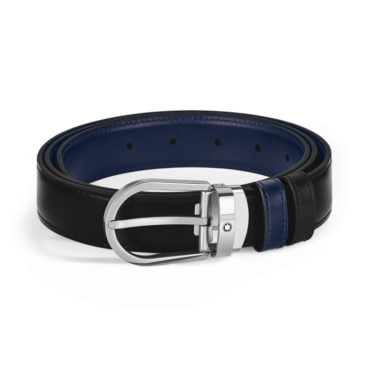Ceinture réversible à boucle fer à cheval de 30 mm en cuir noir/bleu encre