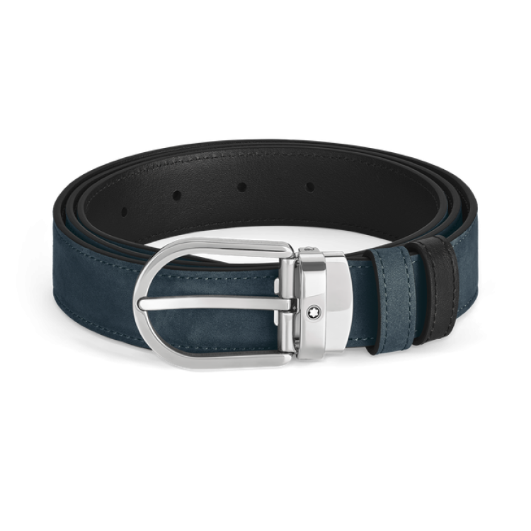 Ceinture r&eacute;versible &agrave; boucle fer &agrave; cheval de 30&nbsp;mm en cuir bleu velours/noir