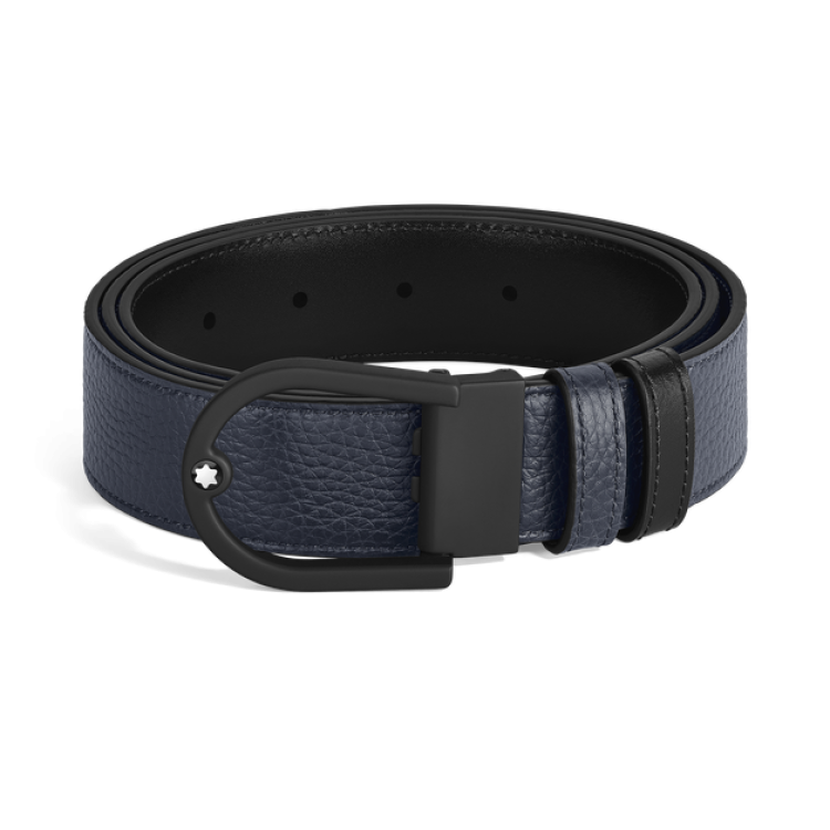 Ceinture r&eacute;versible boucle fer &agrave; cheval de 35&nbsp;mm en cuir bleu nuit/noir