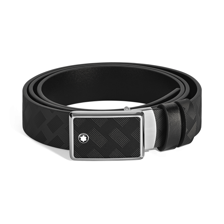 Ceinture r&eacute;versible boucle plaque en marqueterie de 35&nbsp;mm en cuir noir/noir