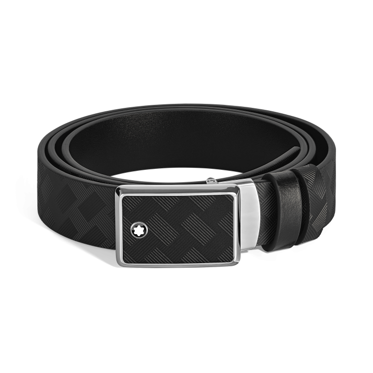 Ceinture réversible boucle plaque en marqueterie de 35 mm en cuir noir/noir