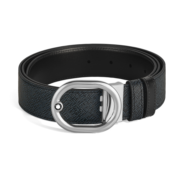 Ceinture r&eacute;versible &agrave; boucle L&rsquo;Ovale de 35&nbsp;mm en cuir bleu tweed/noir